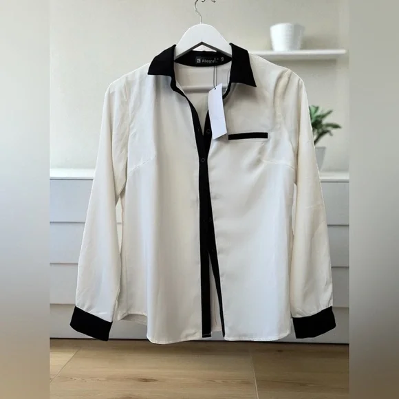 Allegra K Collared Button Down Blouse Top Long Sleeve Office Career NWT Size XS - Picture 1 of 9